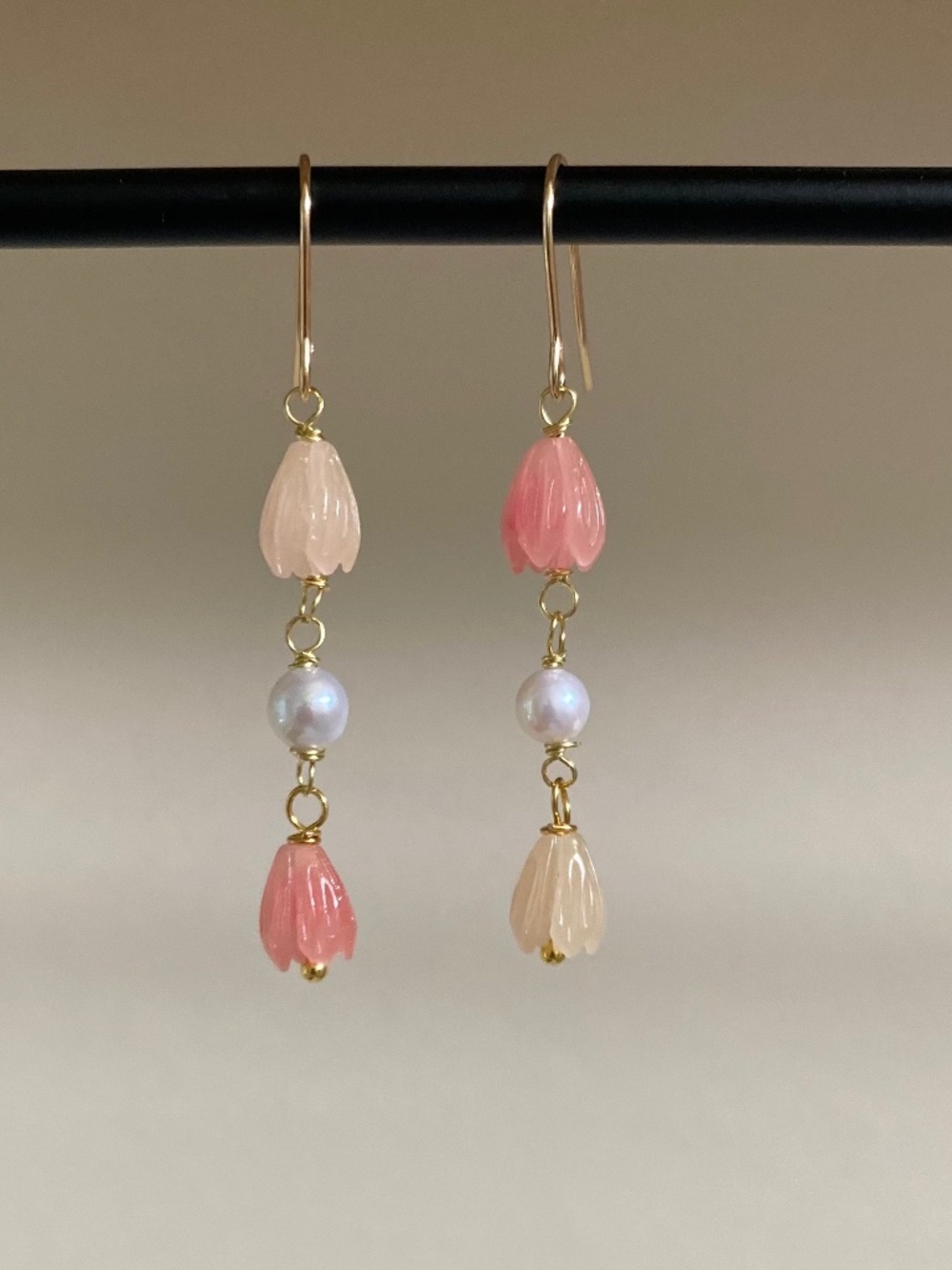 Handmade Candy Color Pikake Dangle Earrings with Freshwater Pearl